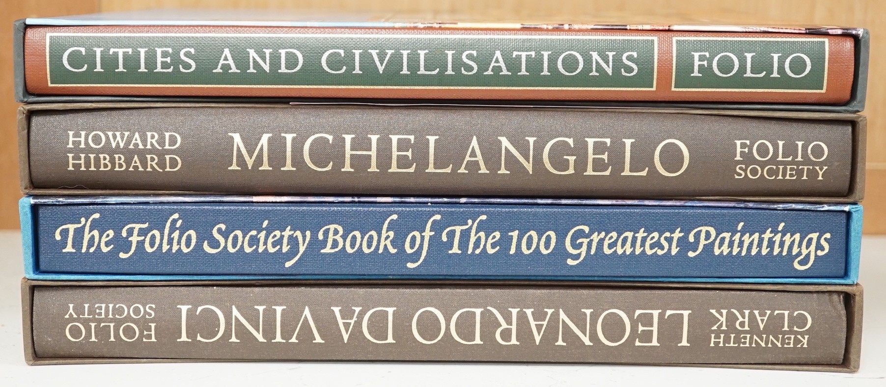 Four Folio Society Art Reference books - Cities And Civilisations, Michelangelo, The Folio Society Book of The 100 Greatest Paintings and Leonardo Da Vinci